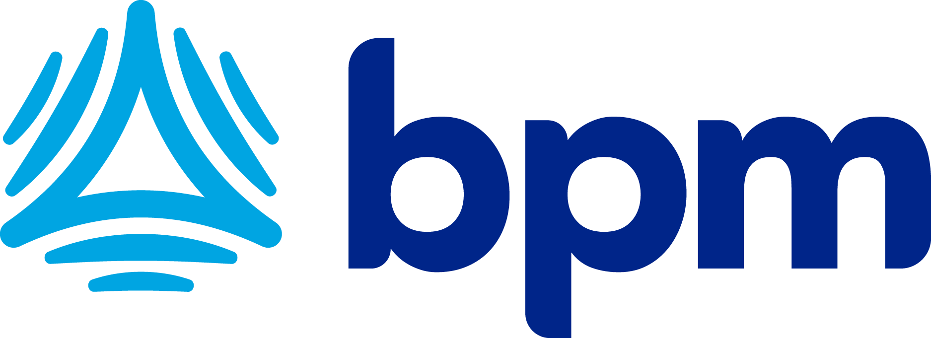Blue abstract triangle logo next to the dark blue lowercase text bpm on a white background.