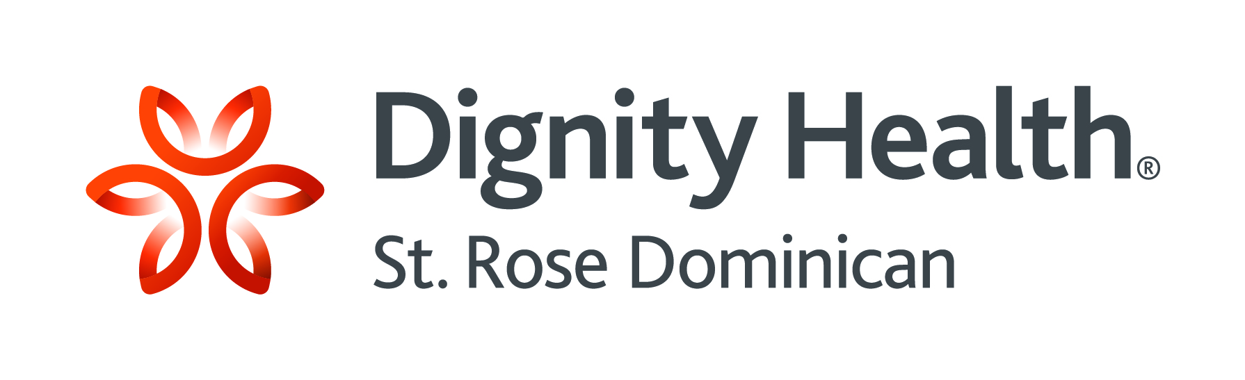 Dignity Health St. Rose Dominican logo with orange abstract flower symbol and text on a white background.