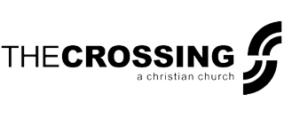 Logo for The Crossing, a Christian church, with bold text and curved line design on the right.