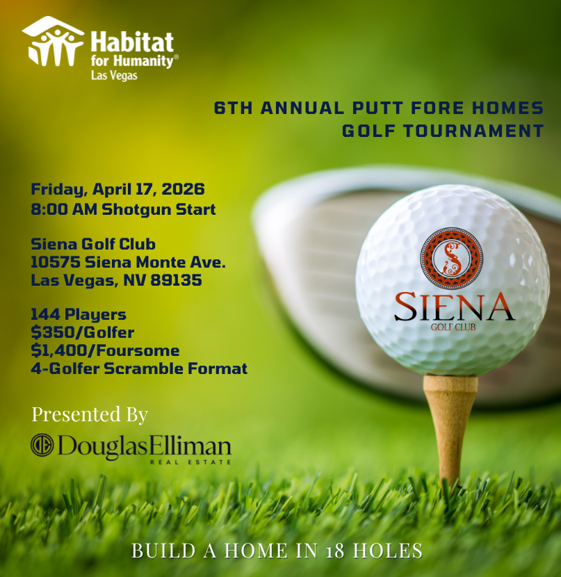 A golf ball on grass with event details for the Habitat for Humanity Putt Fore Homes Golf Tournament.