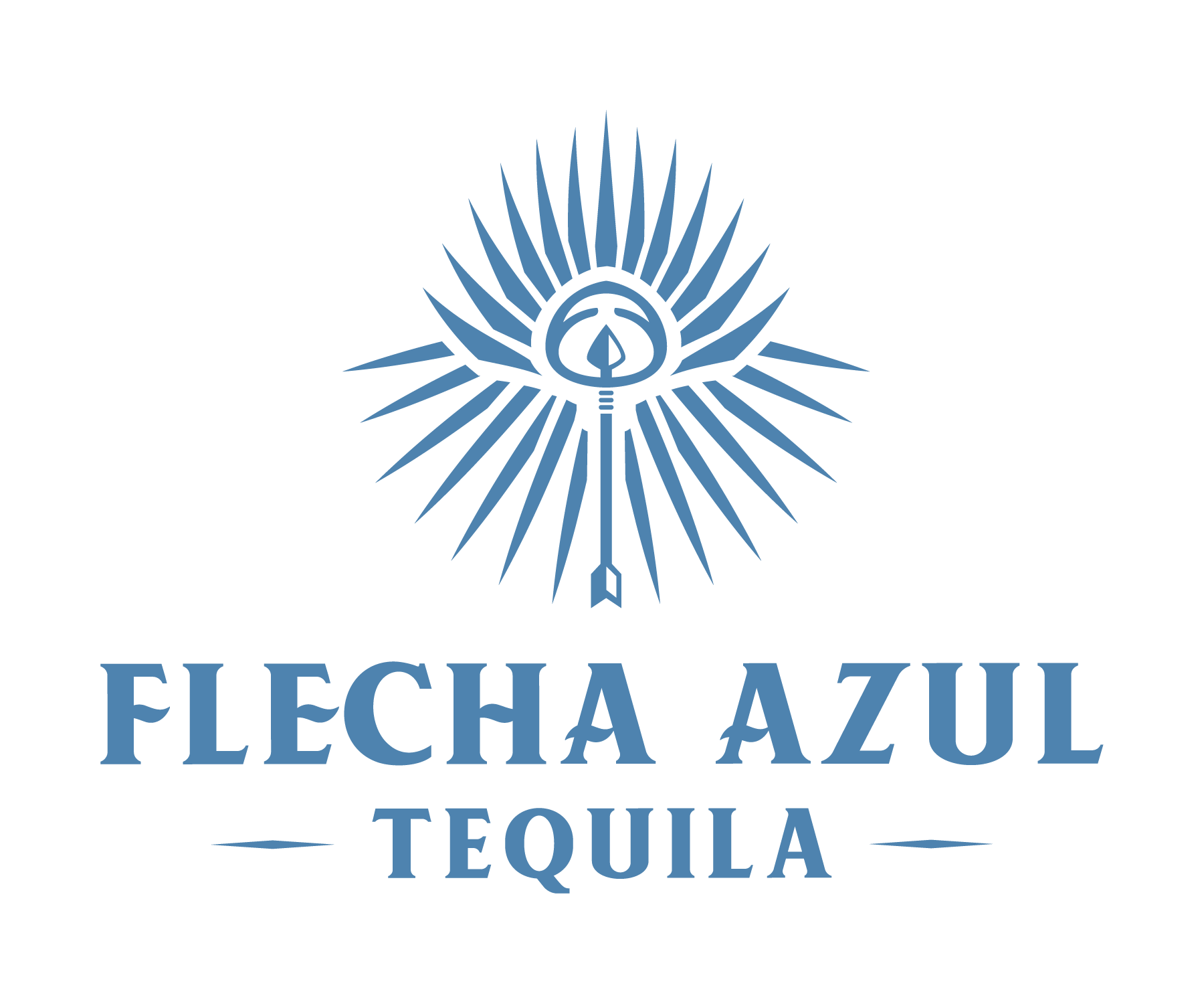 Blue agave plant logo with an arrow and the text Flecha Azul Tequila in blue capital letters.