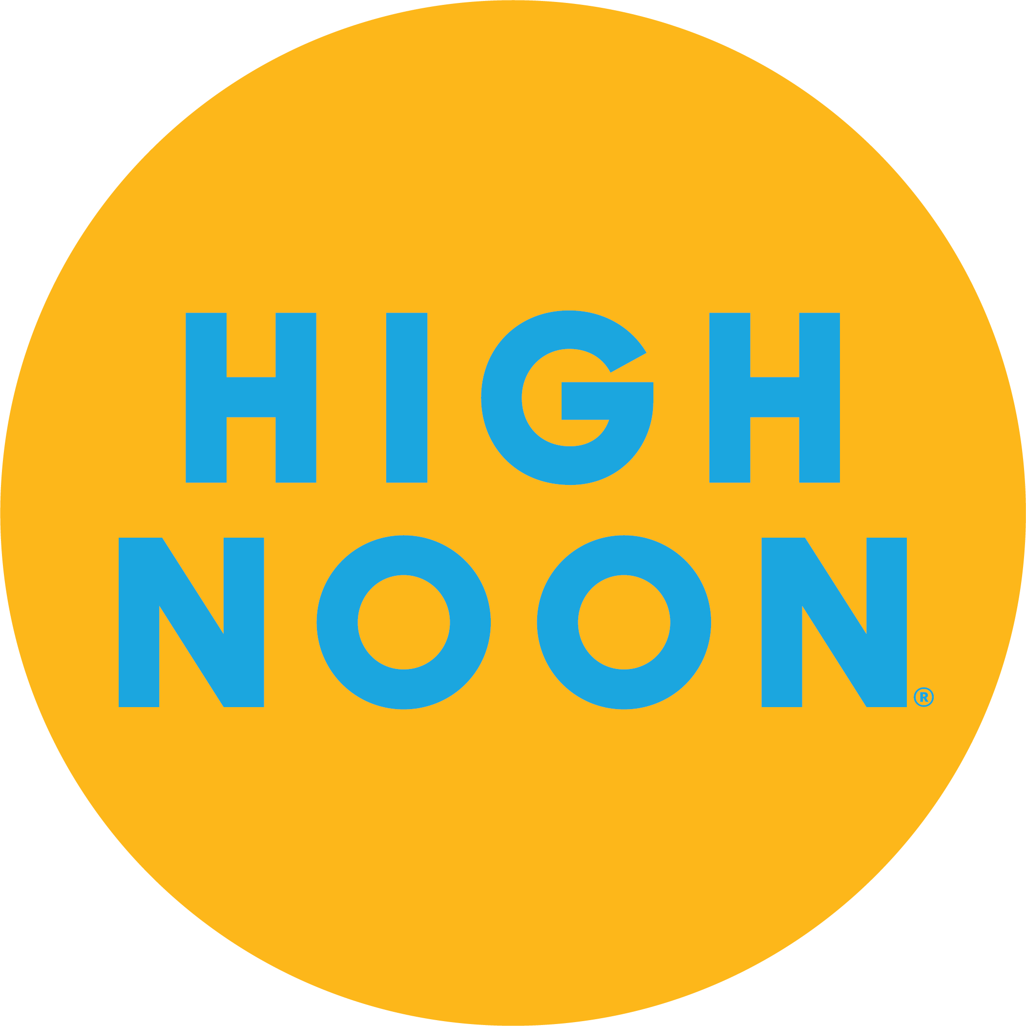 Blue text HIGH NOON centered on a bright yellow circular background.