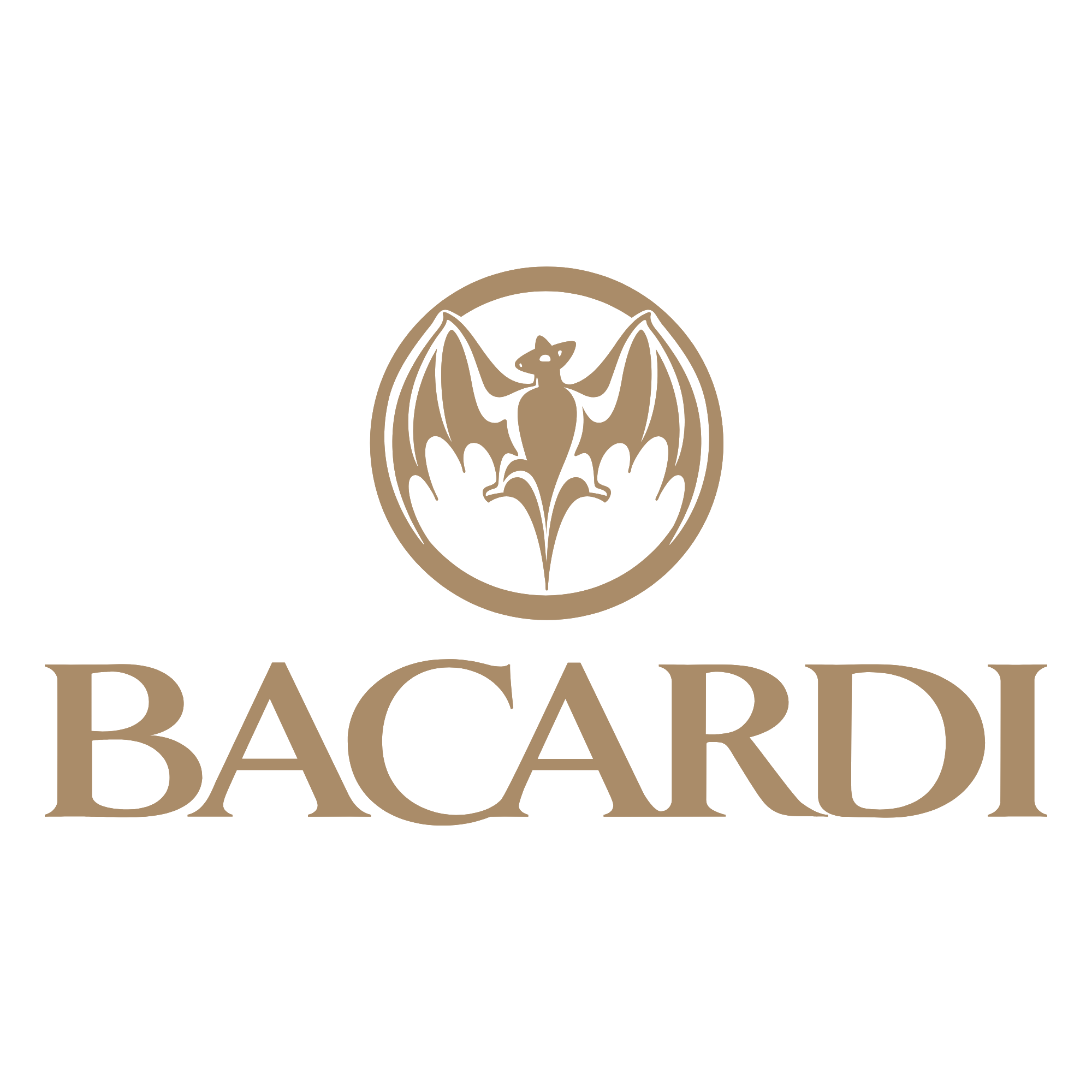 Bacardi logo with a stylized bat inside a circle above the word “BACARDI” in gold letters on a white background.