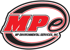 Logo for MP Environmental Services, Inc., featuring bold red and black letters MPe with a swirling oval design.