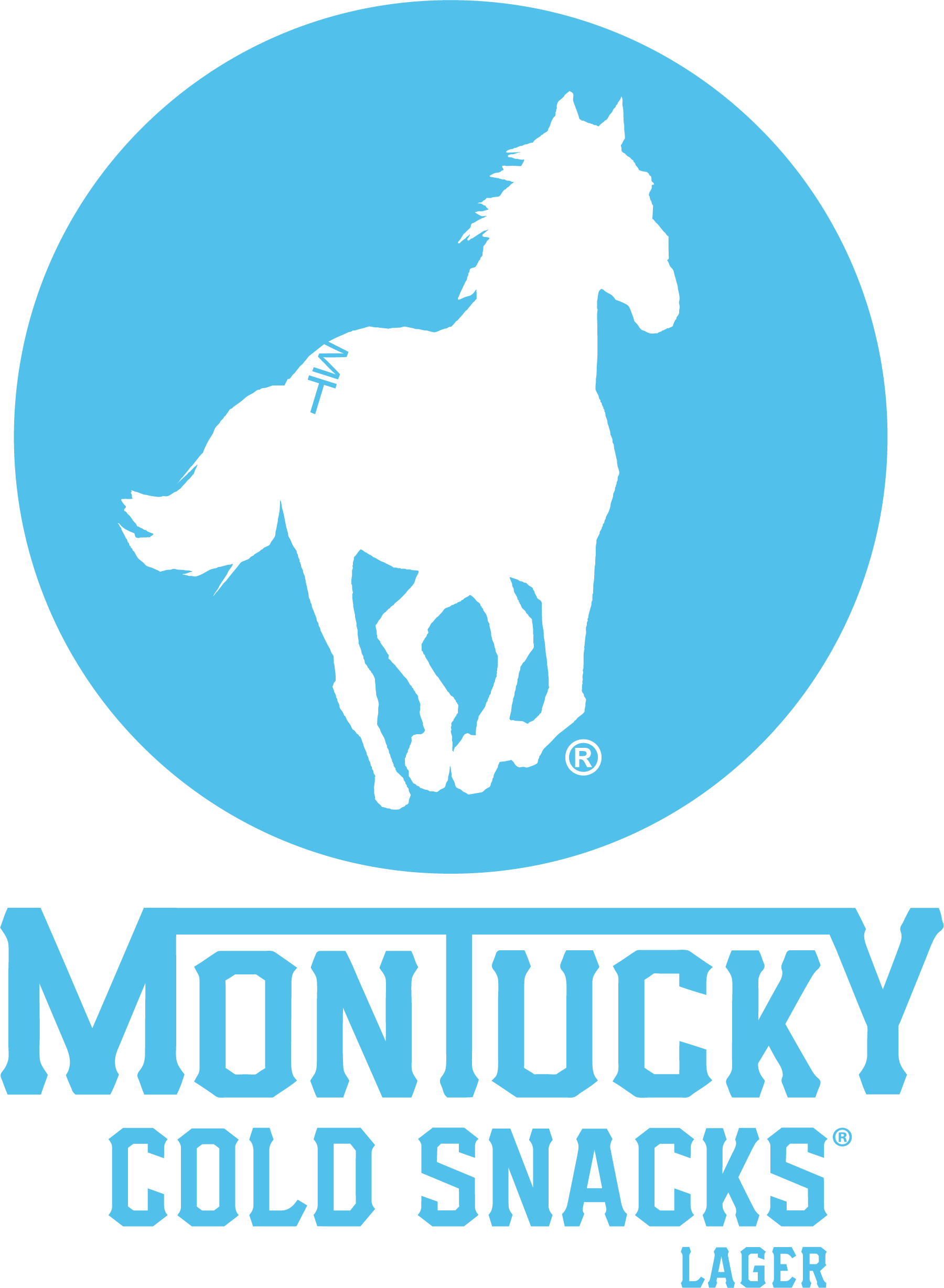 Light blue silhouette of a running horse above the words Montucky Cold Snacks Lager in bold lettering.