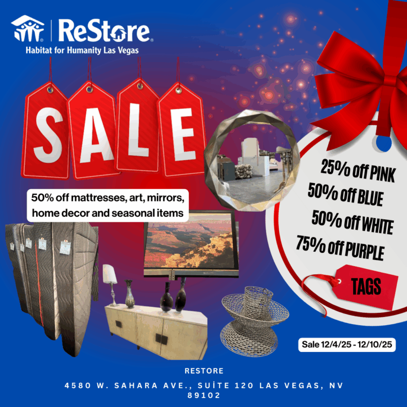 ReStore sale ad with discounts on mattresses, art, mirrors, and tags in pink, blue, white, and purple.