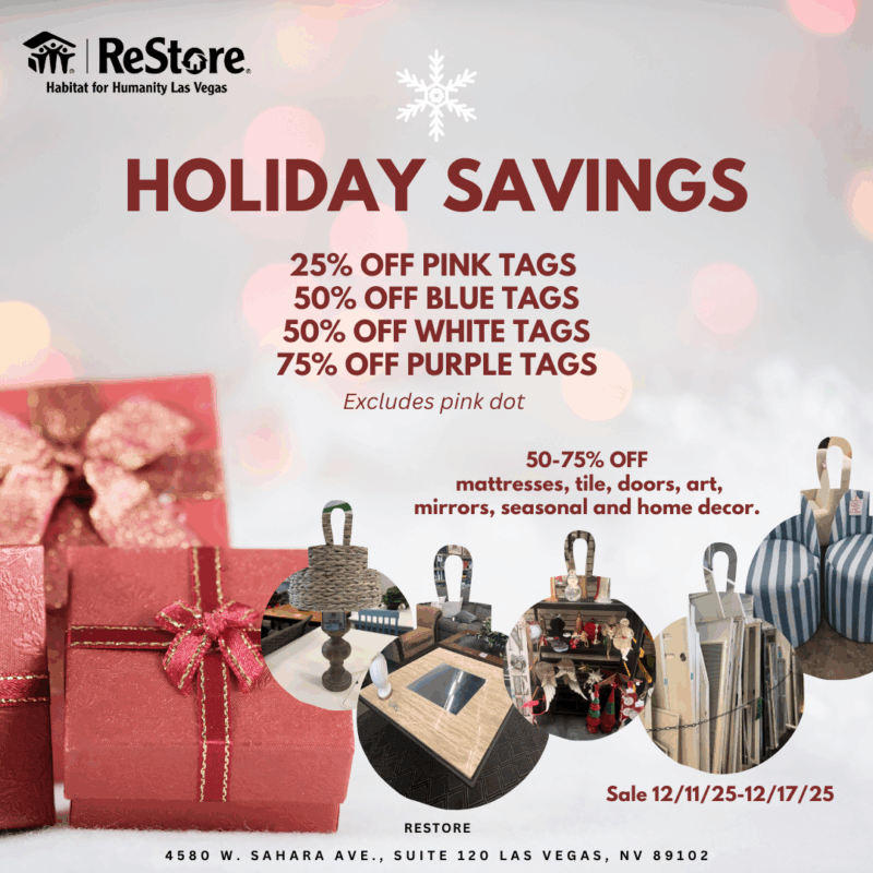 Holiday savings: 25-75% off select tagged items at ReStore, with gift boxes and home goods shown.