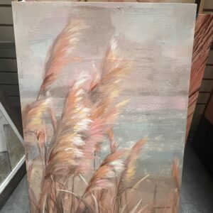 Painting of soft pink, beige, and orange pampas grass against a muted, cloudy background.