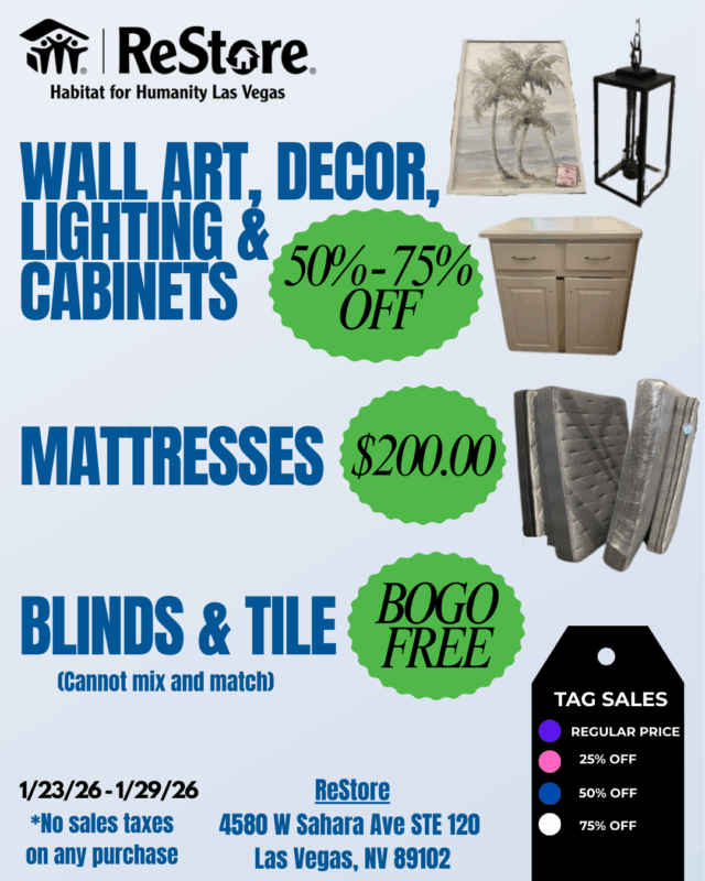 Habitat for Humanity sale flyer with discounts on wall art, cabinets, mattresses, blinds, tile, and more.