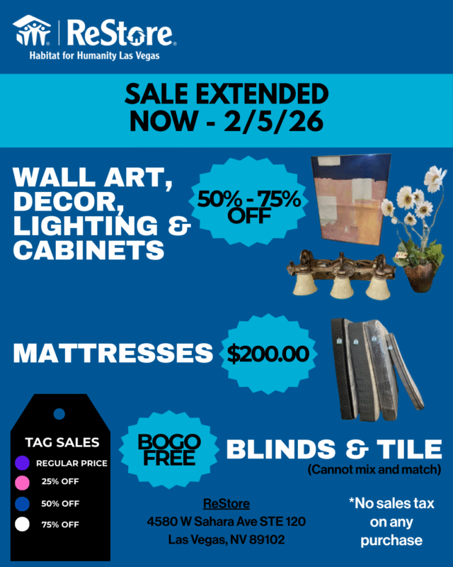 Flyer for Habitat ReStore sale: 50%-75% off home goods, $200 mattresses, BOGO blinds & tile, sale ends 2/5/26.