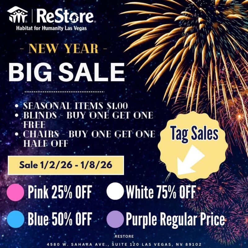 Festive fireworks and New Year Big Sale ad with discounts on items at Habitat for Humanity Las Vegas ReStore.