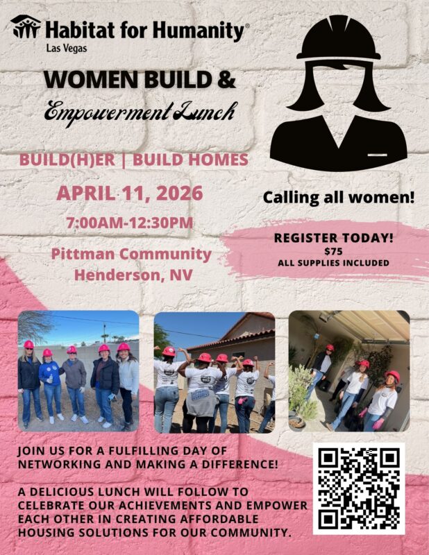 Flyer for a Habitat for Humanity women’s build event on April 11, 2026, with photos of women in hard hats.