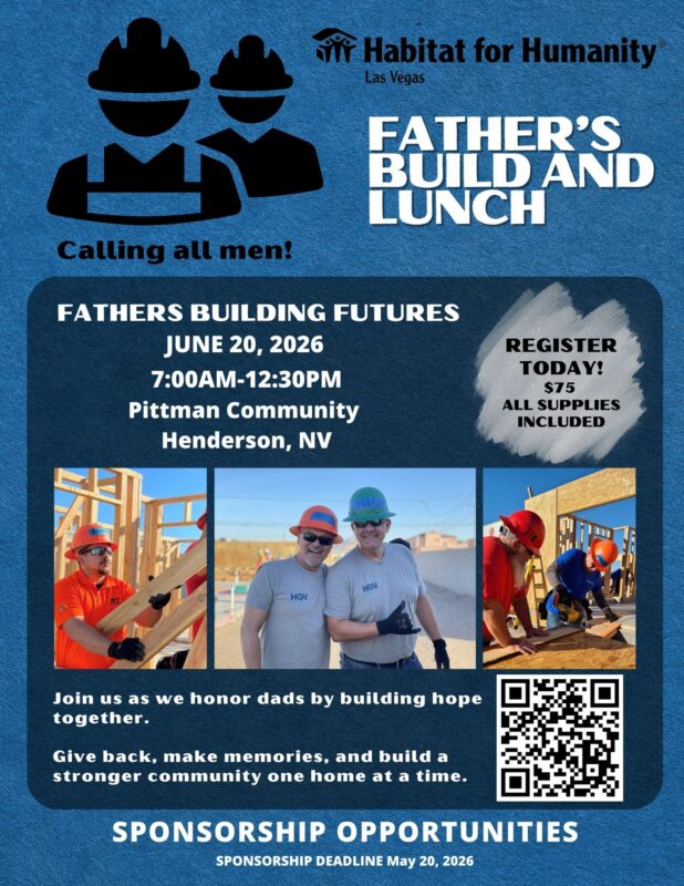 Flyer for Habitat for Humanity’s Father’s Build and Lunch event with photos of people building together.