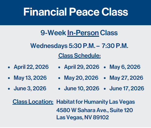Financial Peace Class in-person schedule and location details for April–June 2026 in Las Vegas.