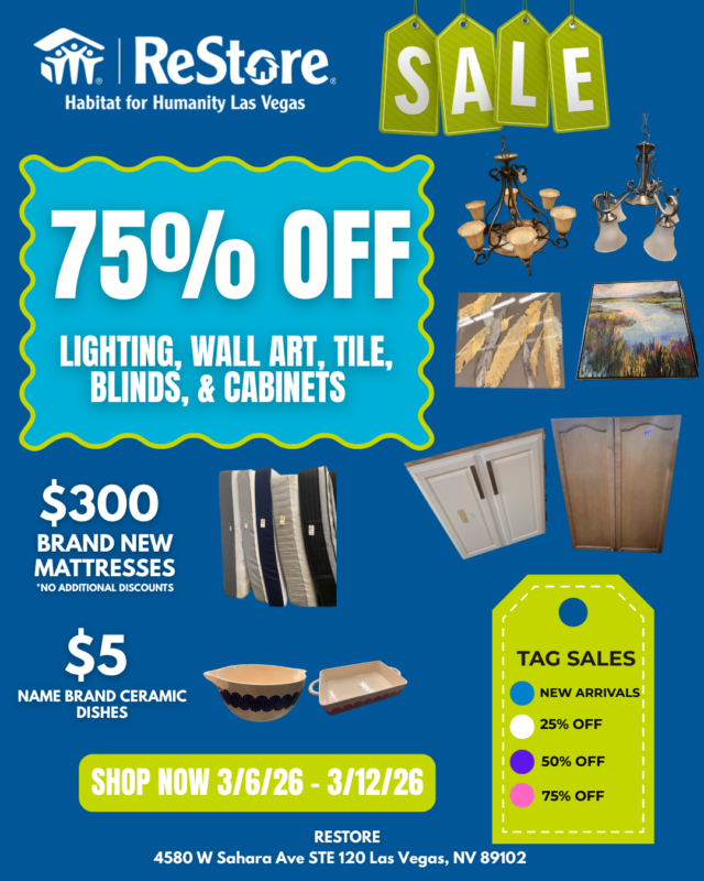 Habitat for Humanity sale: 75% off lighting, wall art, tile, blinds, cabinets; tag sales; shop 3/6–3/12.