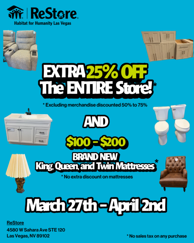 Habitat for Humanity ReStore sale flyer with furniture images, sale dates, location, and 25% off storewide text.