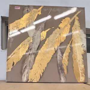 Abstract art featuring gold and gray feathers on a glossy square canvas, priced at $100.00 in the top left corner.