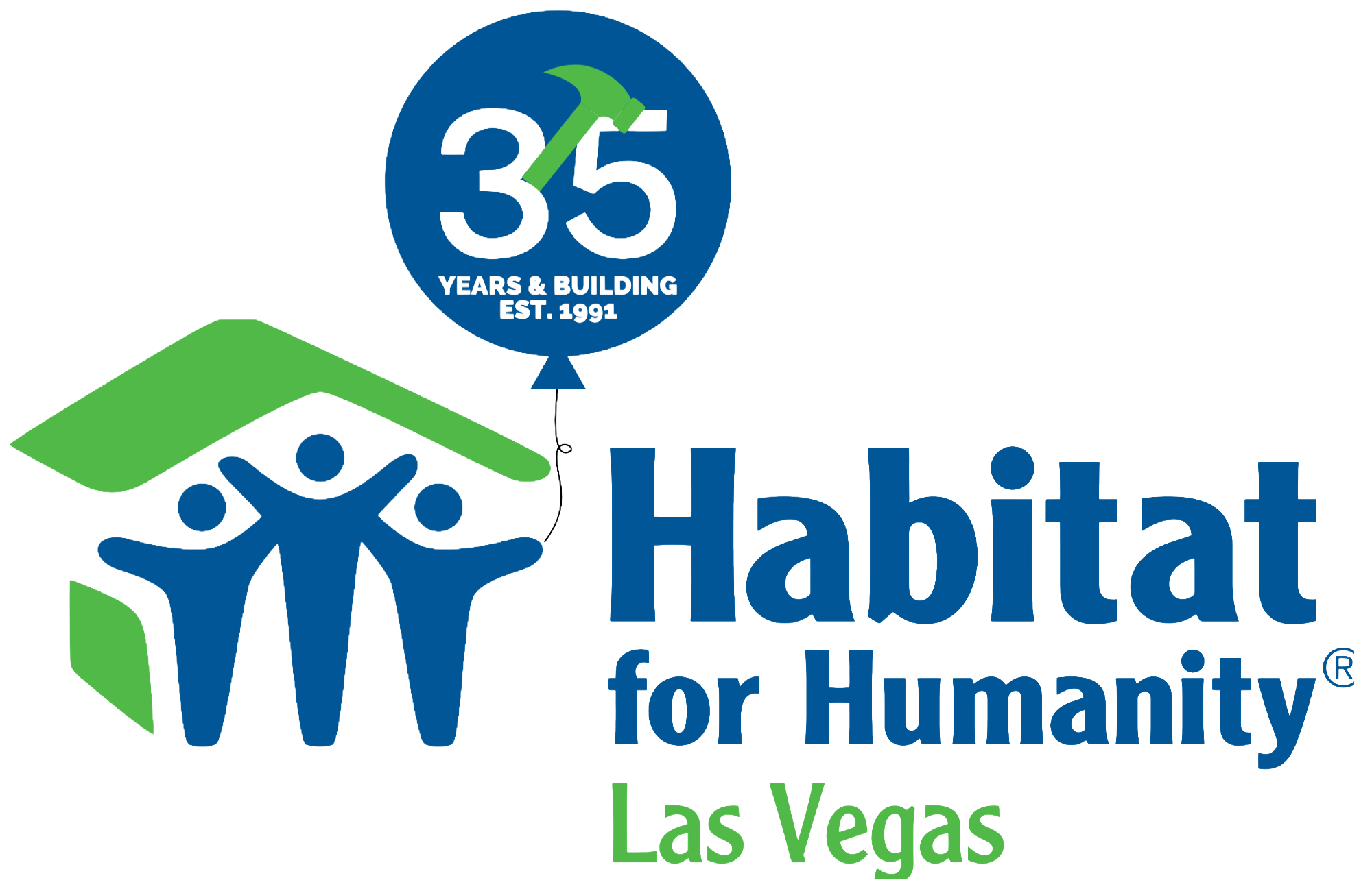Habitat for Humanity Las Vegas logo with a 35 Years & Building balloon, established 1991.