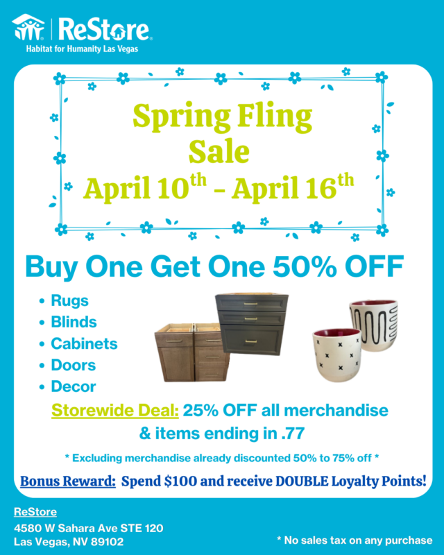 Flyer for Habitat for Humanity Las Vegas Spring Fling Sale, April 10–16, with buy one get one 50% off deals.