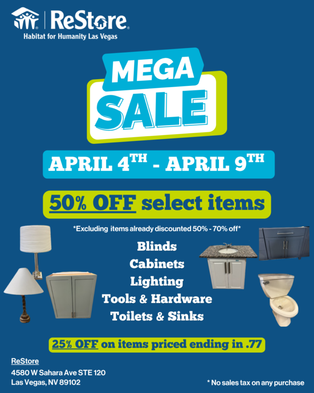 Habitat for Humanity ReStore sale flyer: April 4–9, 50% off select items, 25% off items ending in .77.
