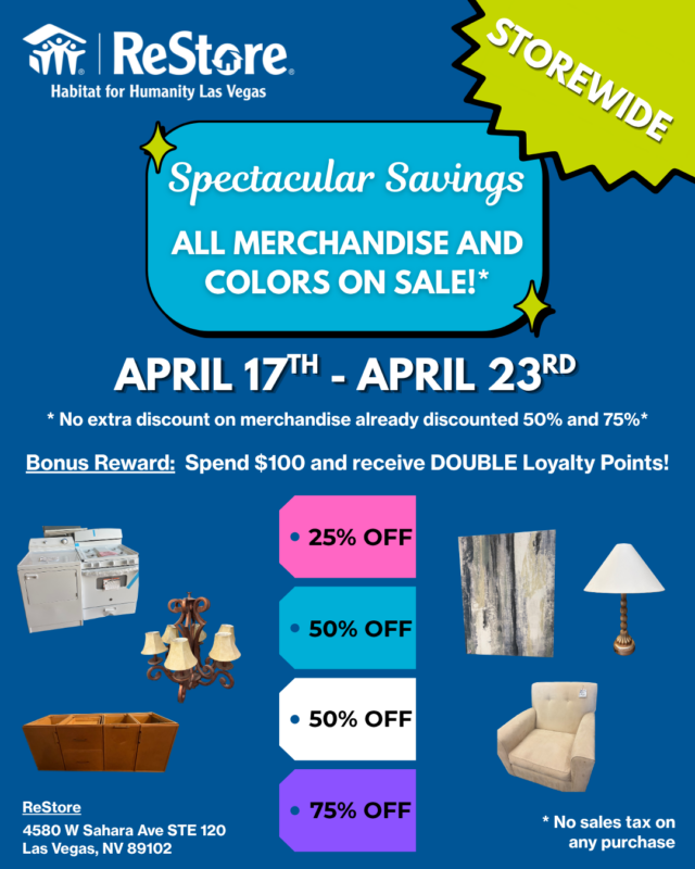 Flyer for ReStore sale: April 17–23, up to 75% off, all items and colors, bonus rewards, no sales tax on paint.