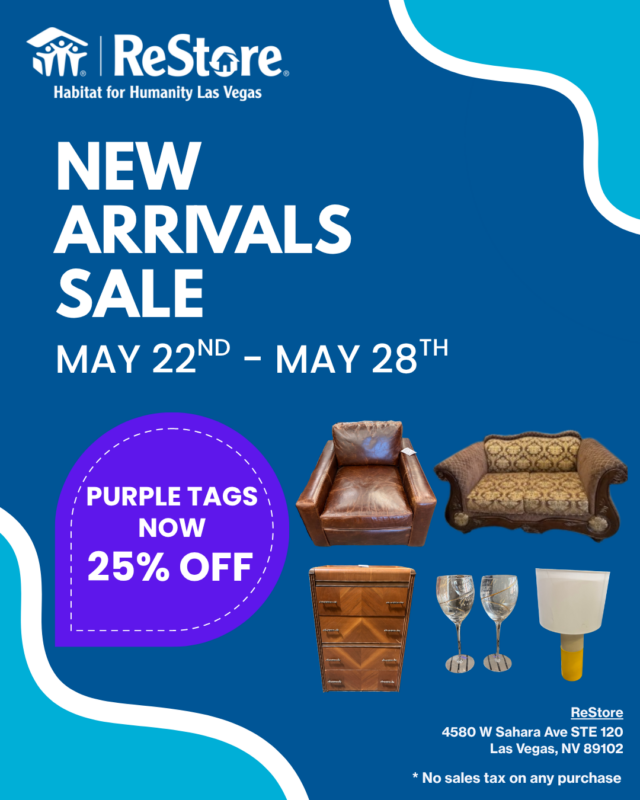 Furniture store sale ad with sofas, a lamp, glasses, and dresser; purple tags 25% off, May 22–28.
