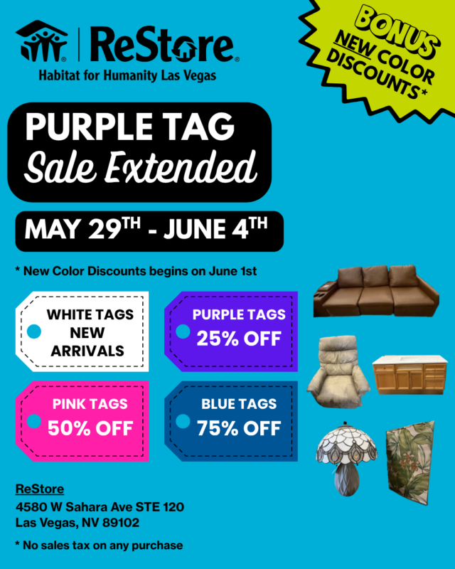 Flyer for ReStore sale: purple tags 25% off, pink tags 50% off, blue tags 75% off, May 29–June 4.