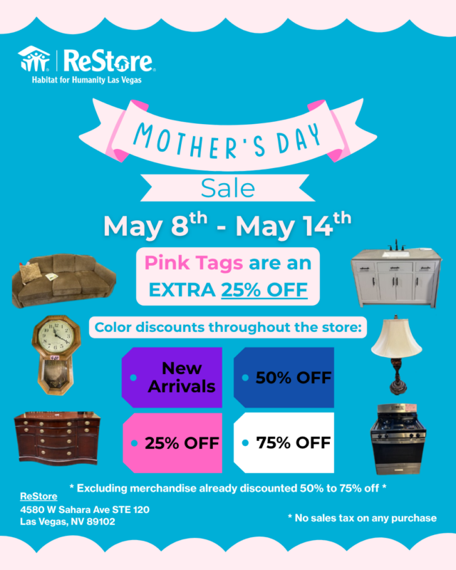Mothers Day sale flyer with discounts on tagged items at Habitat for Humanity ReStore, May 8–14.