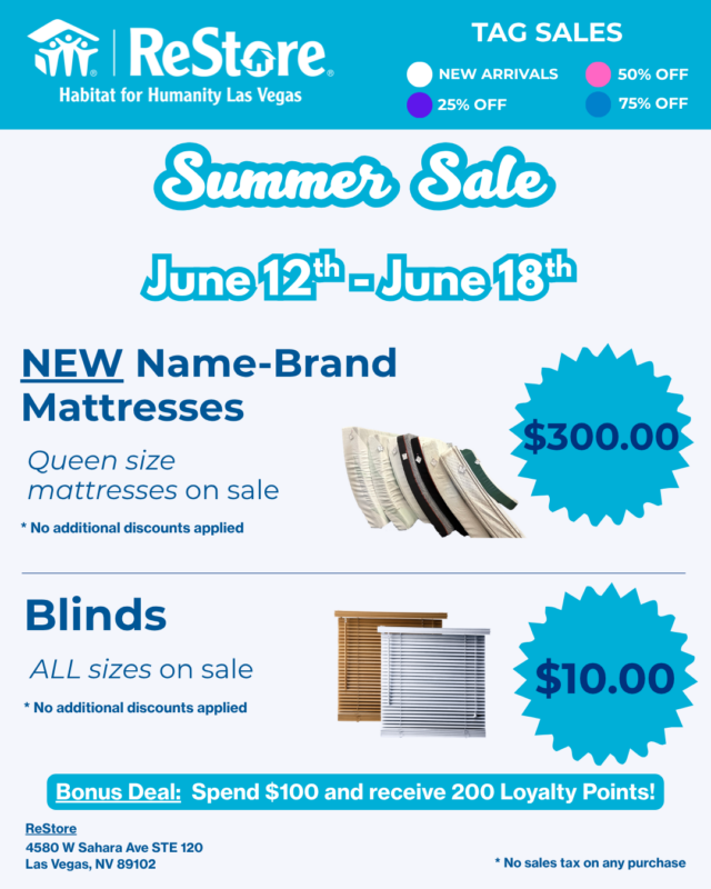 Summer sale ad with mattresses for $300 and blinds for $10 at ReStore, June 12–18, in Las Vegas.