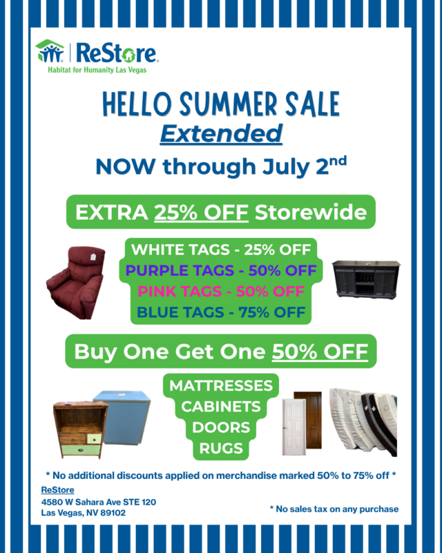 Flyer for a summer sale with furniture images, offering up to 75% off and BOGO deals at ReStore Las Vegas.