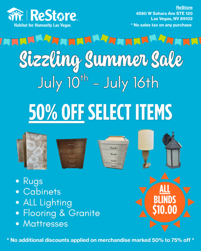 Colorful ad for a summer sale at ReStore Las Vegas, offering 50% off select items, July 10–16.