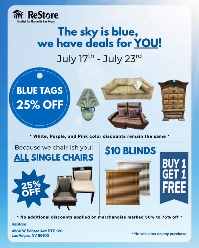 Habitat ReStore sale flyer: blue tags 25% off, 25% off chairs, $10 blinds, buy 1 get 1 free blinds.