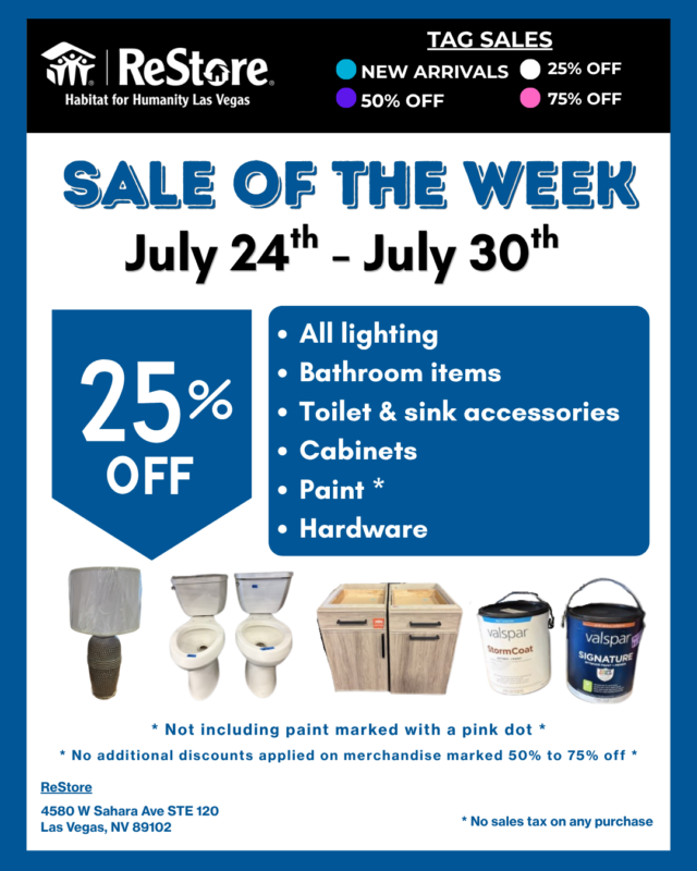 Sale flyer showing 25% off bathroom items, cabinets, paint, hardware, and toilets at Habitat for Humanity ReStore.