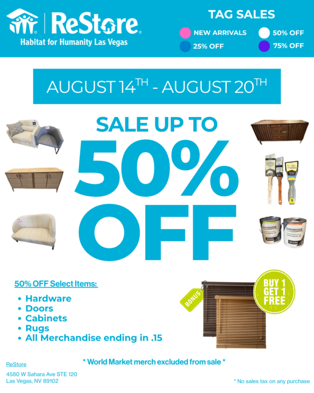 Flyer for Habitat for Humanity Las Vegas sale, showing furniture and Up to 50% OFF August 14-20.