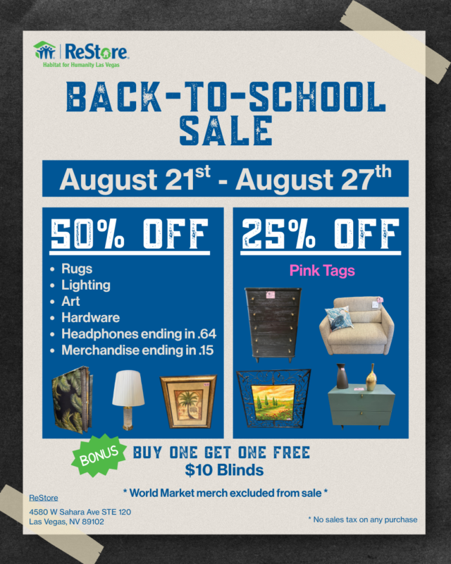 Flyer for a back-to-school sale with 50% and 25% off select items, August 21-27, at ReStore Las Vegas.