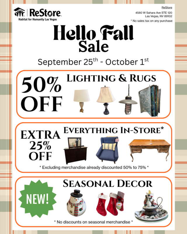 Hello Fall Sale flyer: 50% off lighting/rugs, 25% off in-store, new seasonal decor at Habitat for Humanity ReStore.