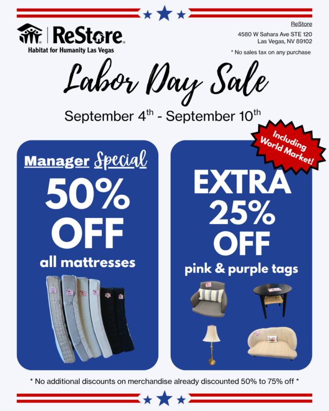 Labor Day Sale flyer: 50% off mattresses, extra 25% off pink/purple tags, Sept 4-10, Las Vegas ReStore.