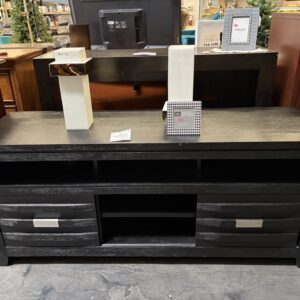 Black wood media console with two drawers and an open center shelf.