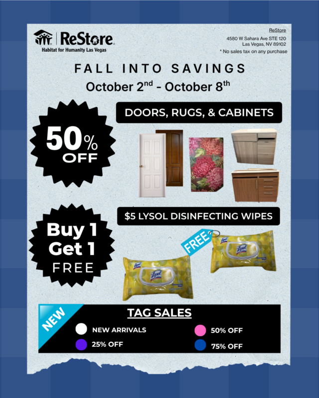 Flyer advertising fall savings: 50% off doors, rugs, cabinets; Lysol wipes buy one get one free; tag sales.