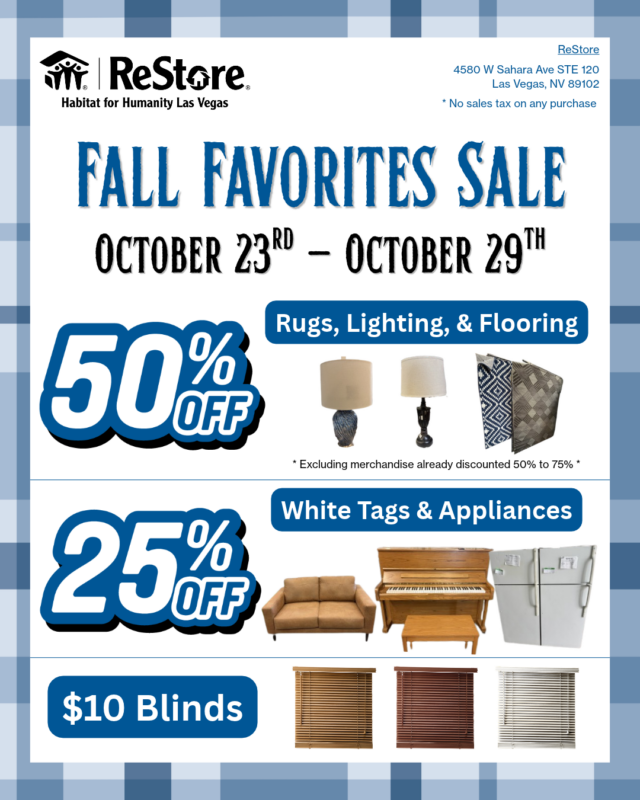ReStore Las Vegas Fall Favorites Sale flyer from October 23rd to 29th featuring discounts on home goods and appliances.