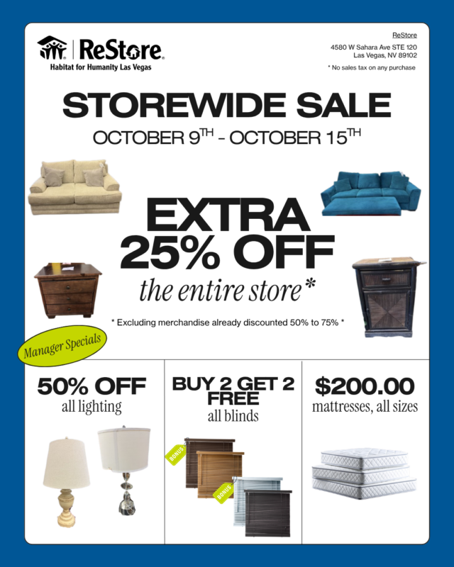 ReStore Las Vegas storewide sale flyer for October 9–15, featuring 25% off storewide and specific manager specials.